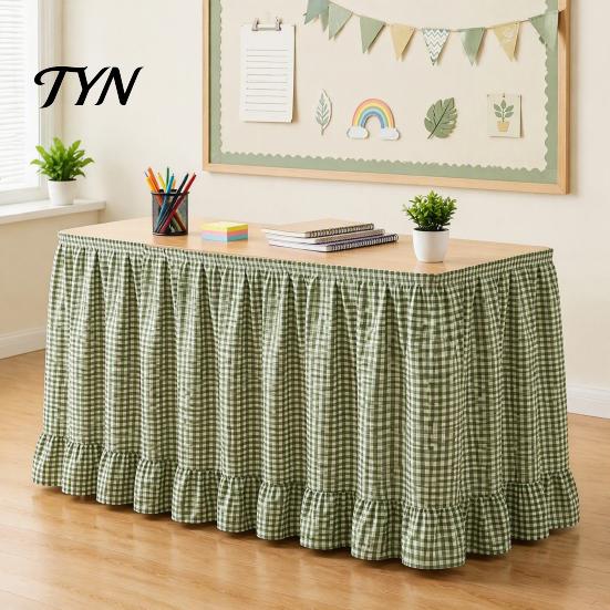 Rectangular Table Skirt for Kindergarten 6Ft Gingham with Ruffled Edge, Checkered Teacher Desk Skirt, Pastoral Style Plaid Decor Hook And Loop