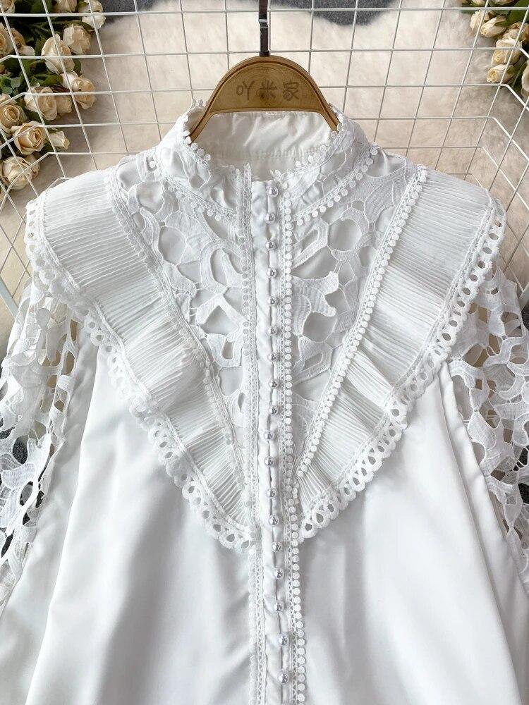 Винтажная блузка в стиле суда для женщин, с воланами, ажурные кружевные лоскутные рубашки с длинными рукавами-фонариками, женские блузки, Прямая поставка