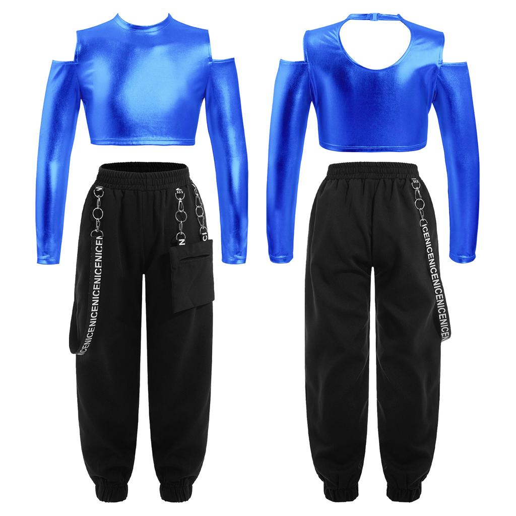 Детский укороченный топ с открытыми плечами и вырезом сзади для девочек, брюки с эластичной резинкой на талии для современного джаза, хип-хопа, танцев