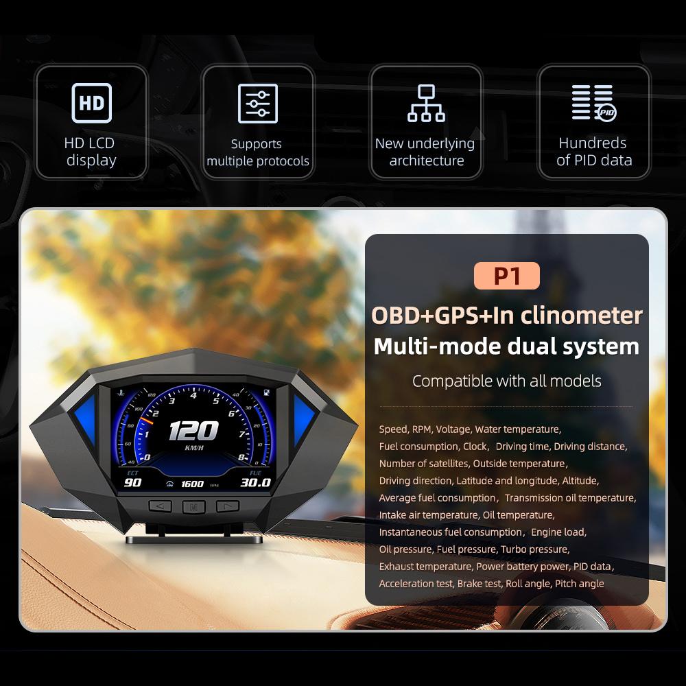 P1 HUD Проекционный дисплей OBD2 GPS Двойная система Цифровой спидометр Компьютер для вождения Измеритель наклона наклона