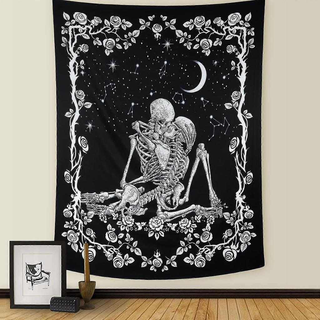 Kissing Lovers Skull Tapestry Wall Hanging Tarot Skeleton with Rose Black and White Wall Tapestries