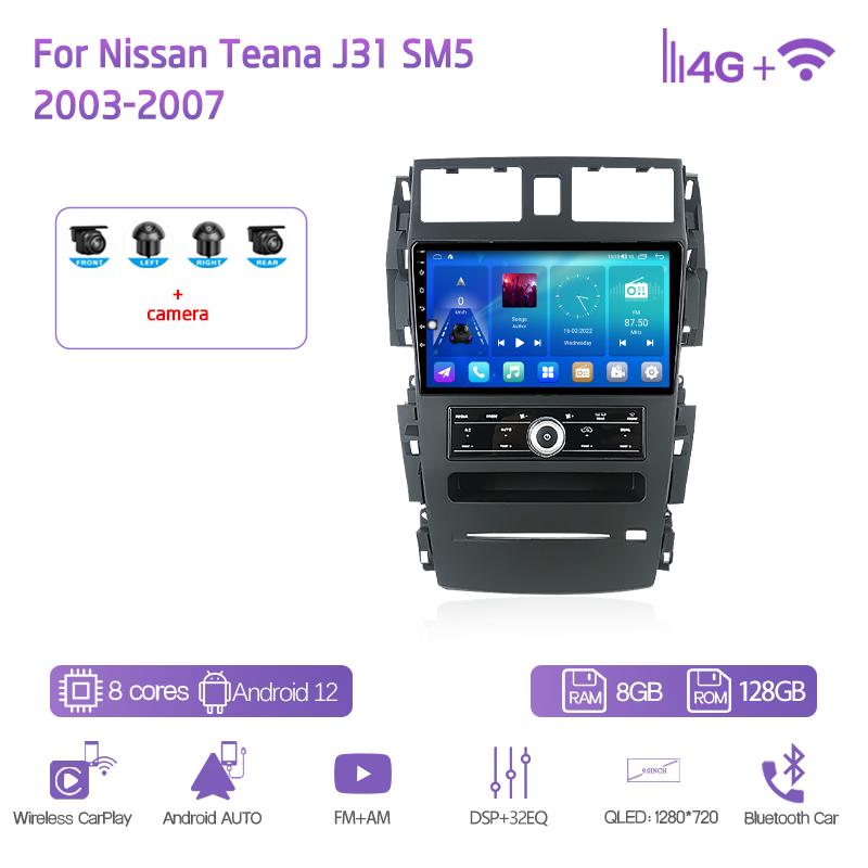9Inch For Nissan Teana J31 SM5 2003-2007 GPS Navigation Radio Android12 8+128G 8Core CarPlay 4G 360Camera Car Multimedia Player