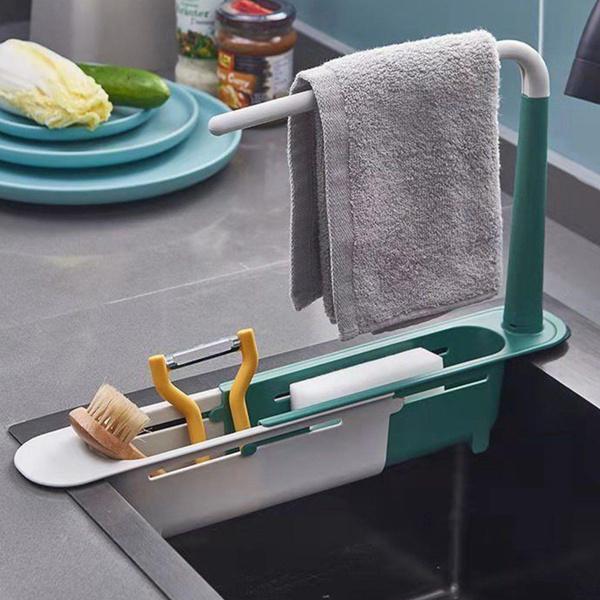 Телескопический кухонный органайзер над раковиной с вешалкой для полотенец, раздвижная тонкая сливная корзина для домашней ванной комнаты