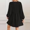 Women's Casual Fashion Lace-up A-line Pleated Long-sleeved Solid Color Short Dress