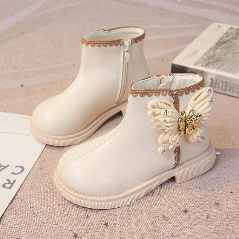 Girls Fashion Butterfly Boots Elegant Kids Short Leather Boots Chic Children Sweet Princess Boots Round-toe Anti-Slippery 2024