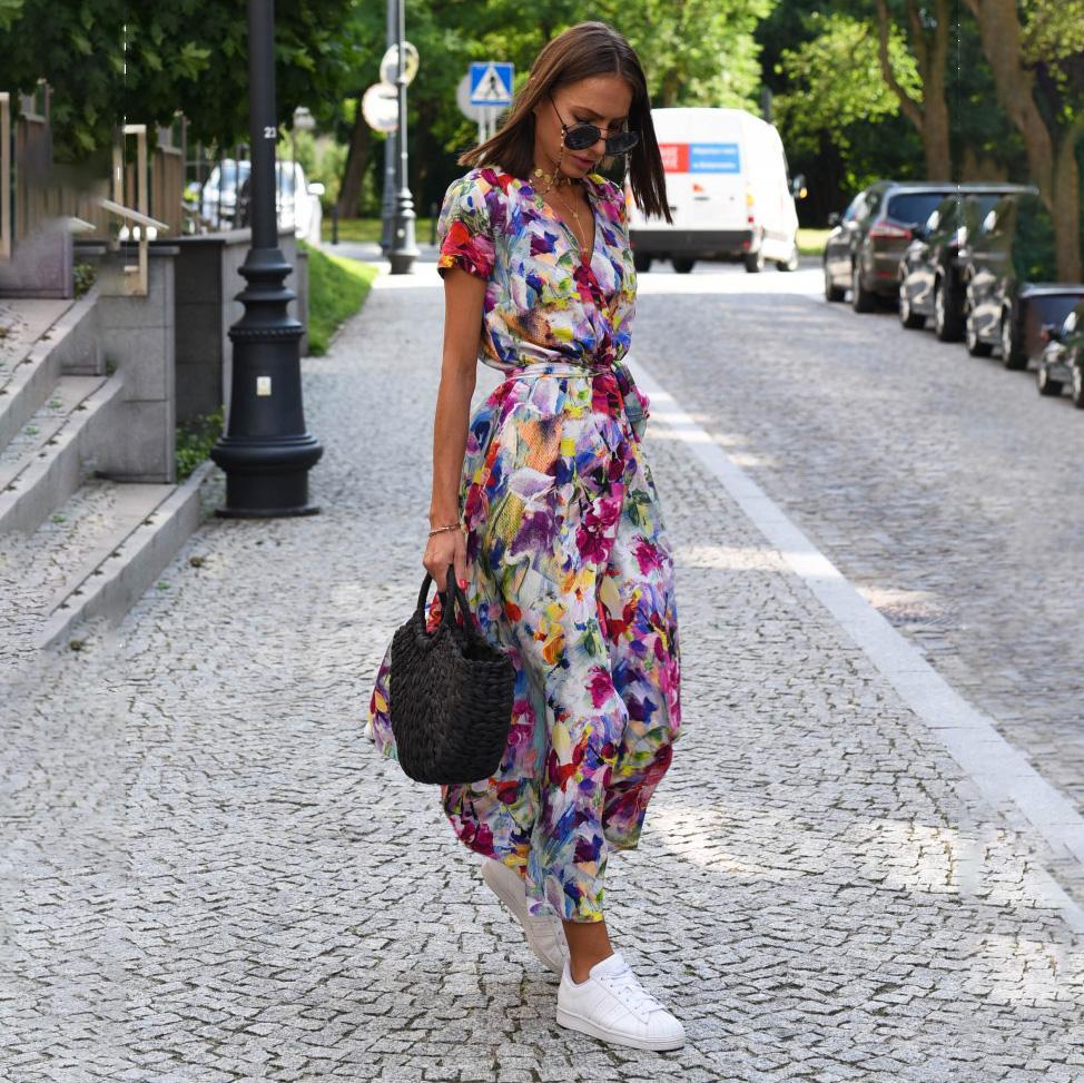 Женское летнее платье с короткими рукавами и высокой талией в этническом стиле на шнуровке