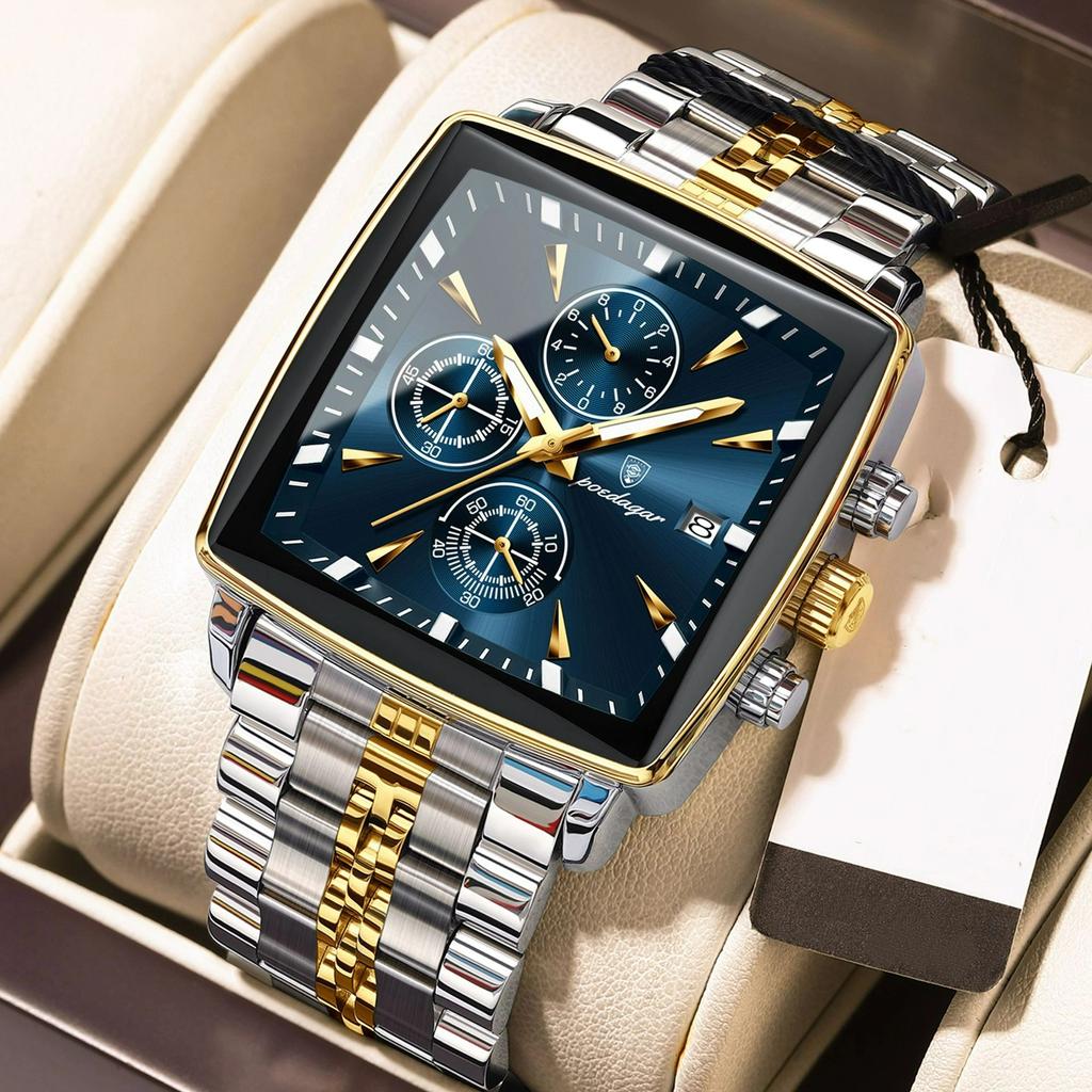 POEDAGAR Luxury Business Man Wristwatch Chronograph Waterproof Luminous Calendar Watch For Men Square Quartz Men's Watches