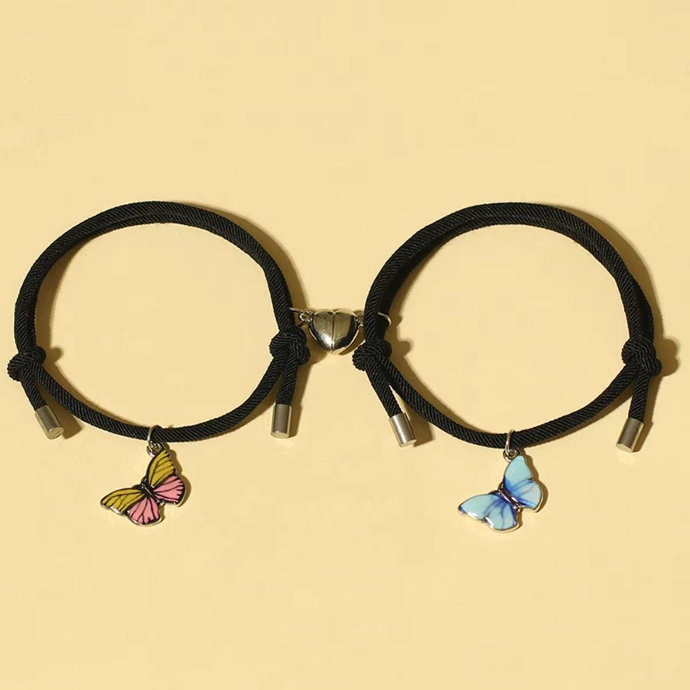 2Pcs/Set Butterfly Magnetic Bracelets Pendant Heart Beaded Bracelet Creative Couple Bracelets Lover