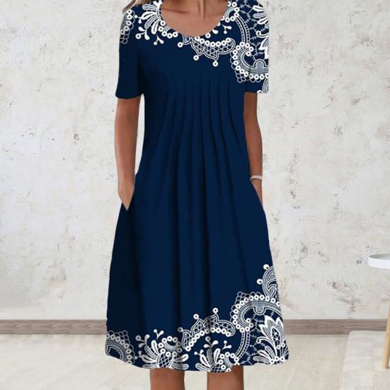 O-Neck Short Sleeve Pleated Midi Dress Pockets Loose Hem Mid-calf Length Women Floral Print A-Line Holiday Dress Daily Clothing