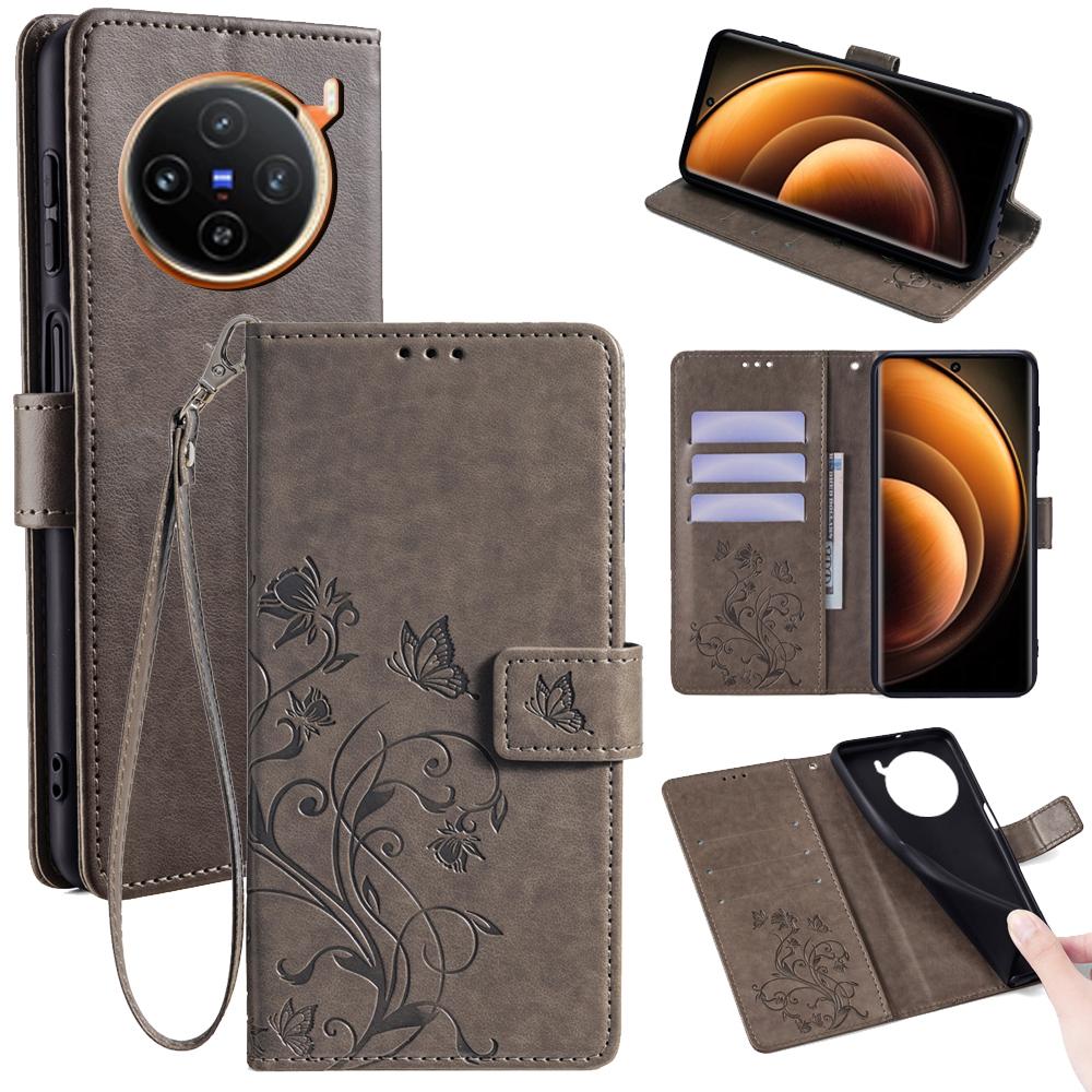 For vivo X100 5G Wallet Case Butterfly Imprinted PU Leather Wrist Strap Phone Cover