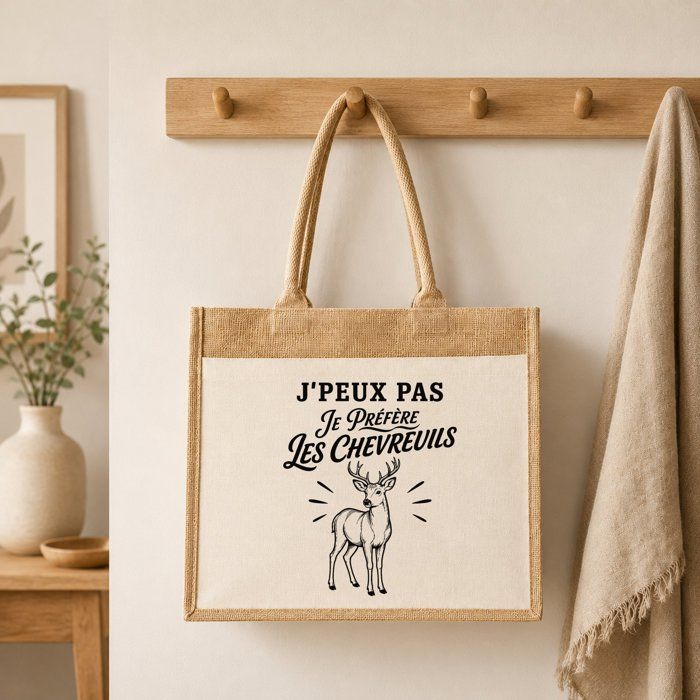 Cabas - PLANETEE - J'peux pas je préfère les Chevreuils - toile de jute et coton - 21 L - motif chevreuils