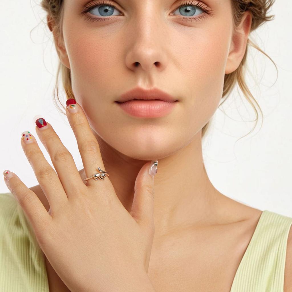Silver adjustable ring, charming cat with a long tail, silver 925