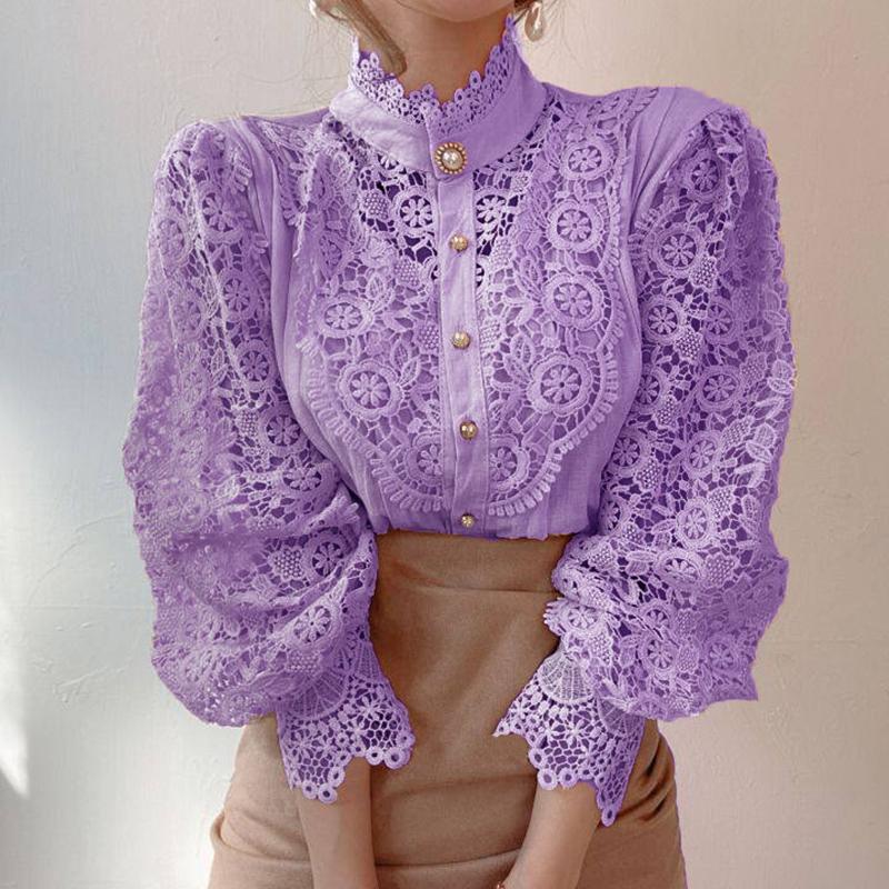 Роскошная женская кружевная блуза с высоким воротником и пуговицами из искусственного жемчуга