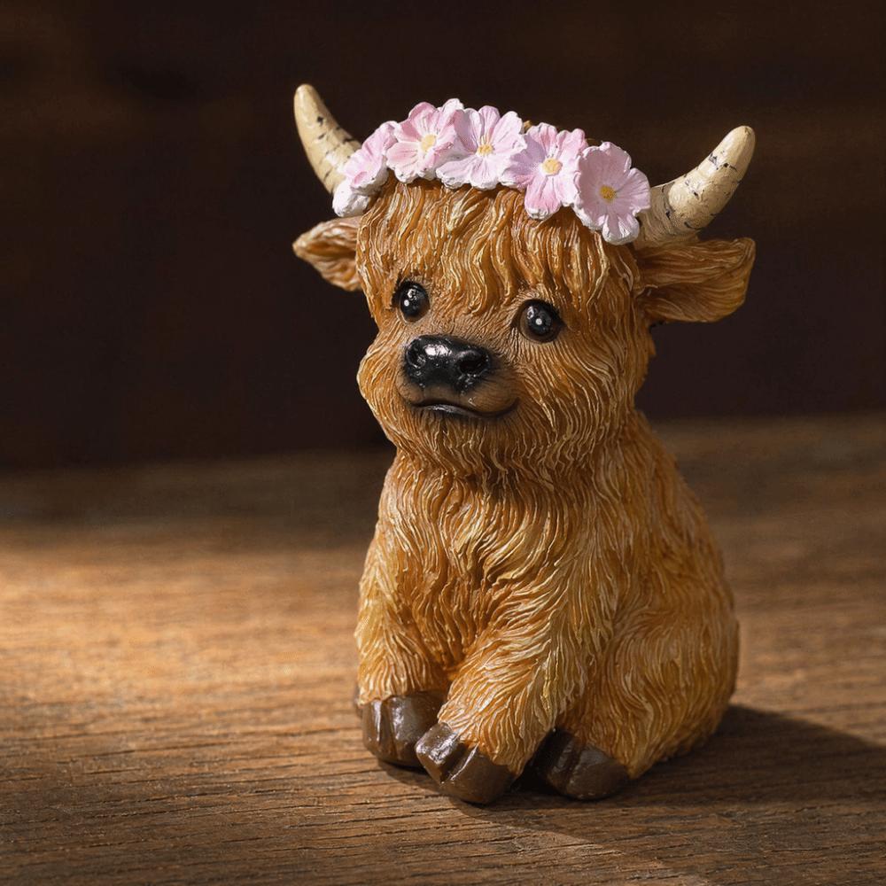 Resin Floral Crown Cattle Resin Tabletop Figurine Farmhouse Living Room Shelf Display Ornament