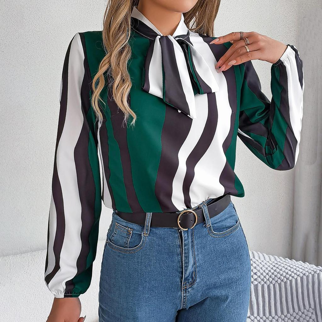 Women Spring Autumn Temperament Stripe Print Bow Collar Long Sleeve Shirt Blouses