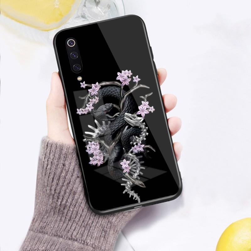 Чехол для телефона со змеей и цветком для Xiaomi 12 11T 10 9 Redmi Note 11 10 10S Pro Redmi 9 9A 8, черный стеклянный чехол для телефона из поликарбоната