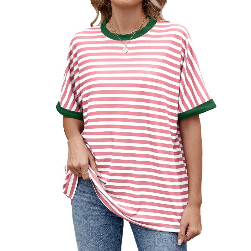 Женская летняя новая полосатая футболка с круглым вырезом и коротким рукавом в стиле Clash Color