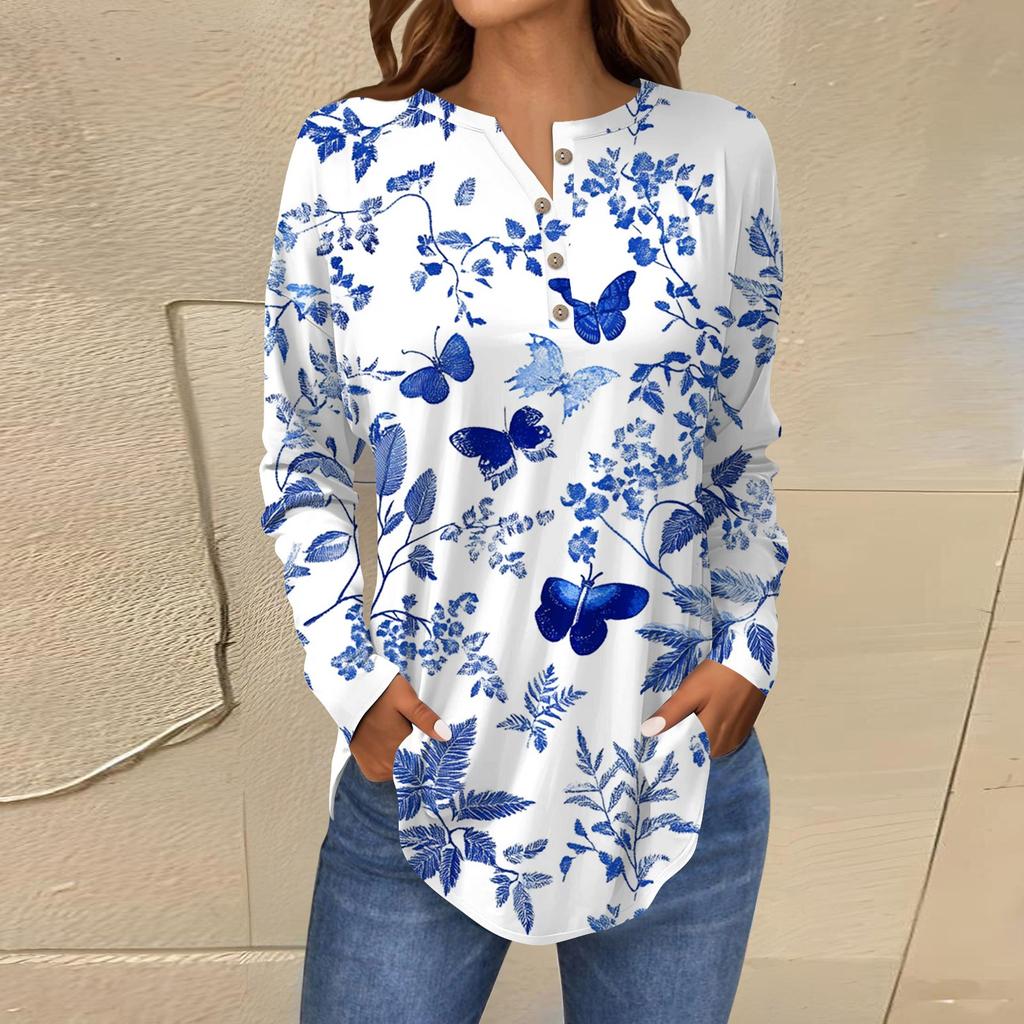 Модная свободная футболка с длинным рукавом и цветочным принтом на пуговицах, топ-пуловер