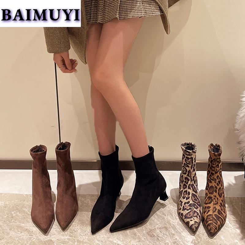 Ботильоны челси с леопардовым принтом, женские туфли с острым носком и средним каблуком, женские туфли 2025 года, модные зимние туфли из мягкой замши для снега Botas Mujer Luxury Pumps