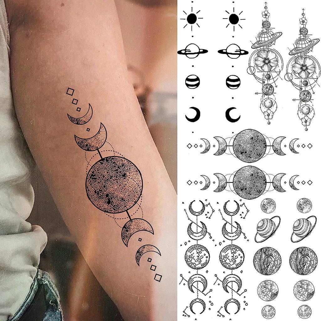 15 листов поддельных космических планет, цепочка, временные татуировки для женщин и мужчин, рука, Черная Луна, Солнце, Звезда, татуировка, маленькая Вселенная, татуировки, наклейка