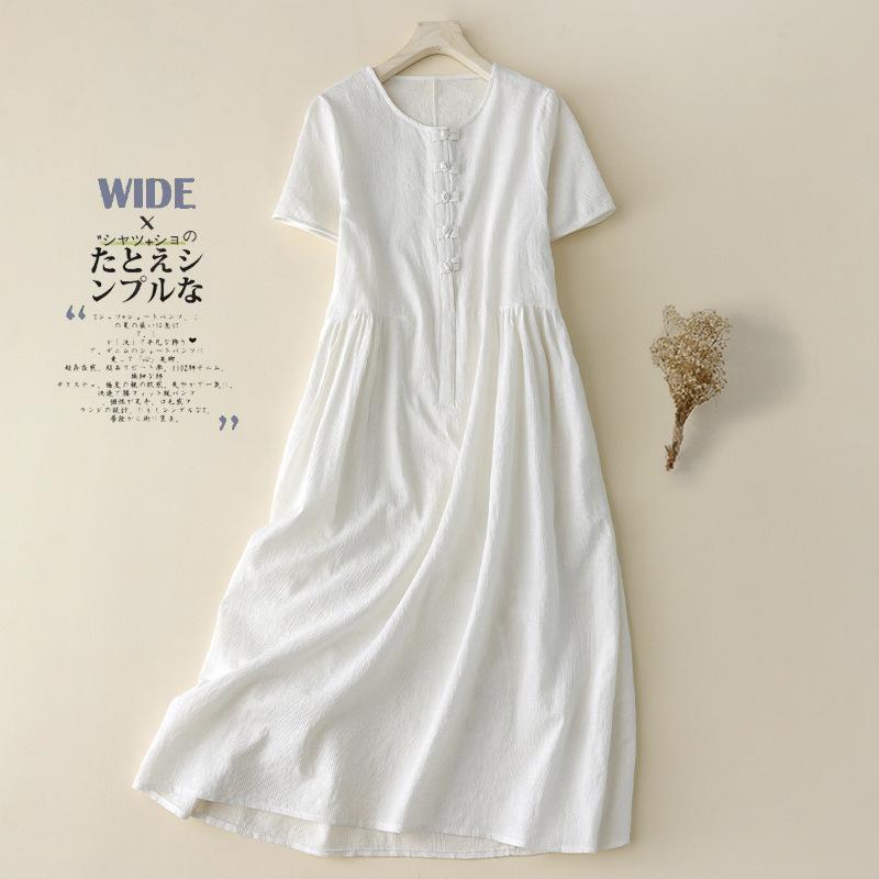 Women's Summer New Round Neck Short Sleeved Cotton and Linen Long Dress