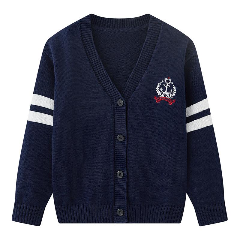 Вязаный кардиган с V-образным вырезом и вышивкой для детей среднего и старшего возраста, куртка с длинными рукавами, весенне-осенний хлопковый вязаный кардиган для мальчиков и девочек