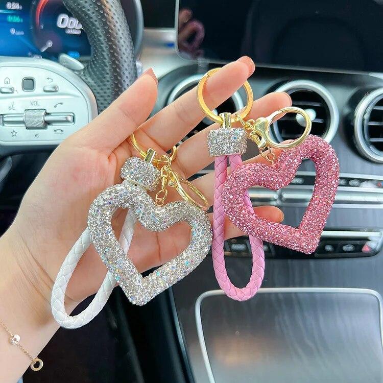 Креативная подвеска в форме сердца, полный горный хрусталь, брелок для ключей с любовью, кожаная веревка, автомобильный брелок, подвеска