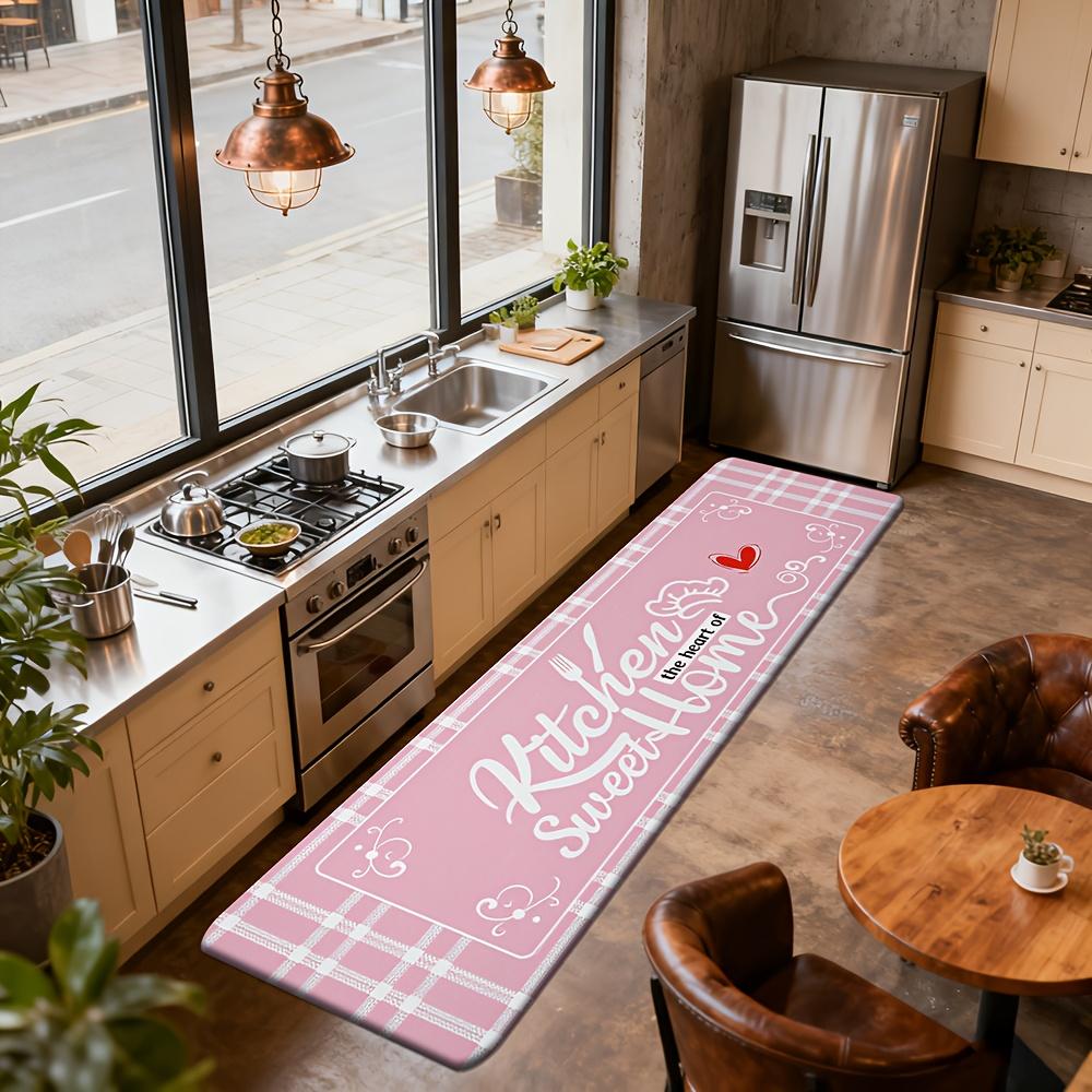 Pink Plaid Kitchen Runner Rug, Kitchen Sweet Home the Heart of Love Heart Non-Slip Absorbent Floor Mat for Entryway Bathroom