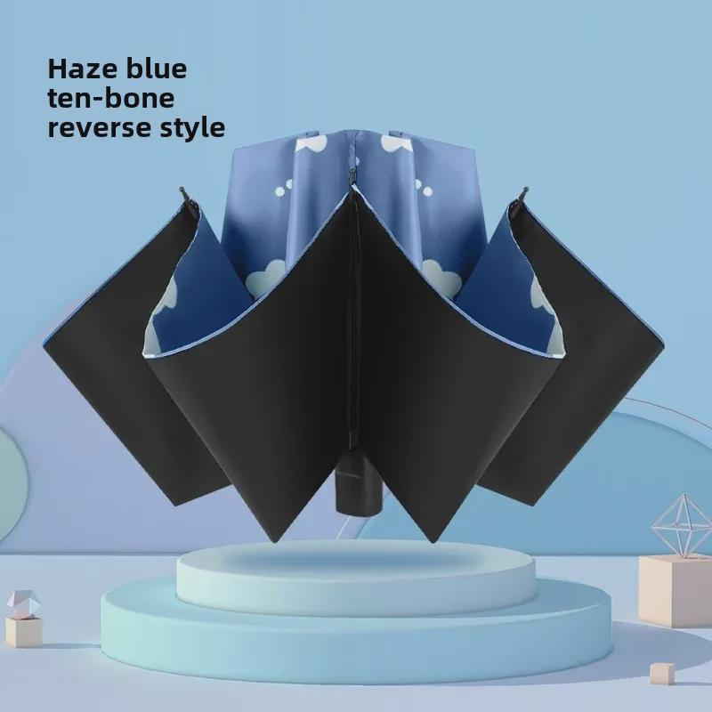 Автоматический женский зонт-цветок двойного назначения: Защита от ветра/дождя и УФ-излучения с тройным складыванием на черном клее.