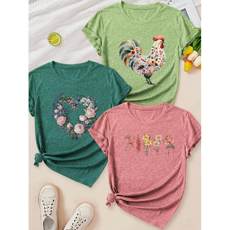 Floral Rooster Heart Floral Print Round Neck Three Piece Short Sleeve Women Elegant Three Seasons Gift Set
