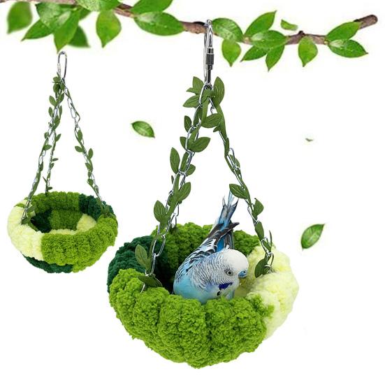 Подвесное гнездо для попугая, клетка для птиц, плюшевая кровать для птиц с листьями, крючок, комнатное, зеленое