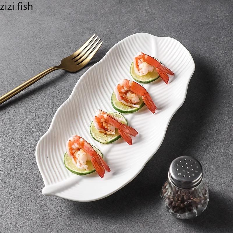 Pure White Ceramic Leaf Shaped Plate Fish Plate Sushi Plate Dim Sum Plates Barbecue Plates Restaurant Specialty Tableware