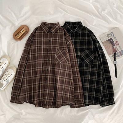 Женская рубашка с лацканами, длинным рукавом, клетчатым принтом, рубашка с карманами, однобортная рубашка свободного кроя, повседневная одежда