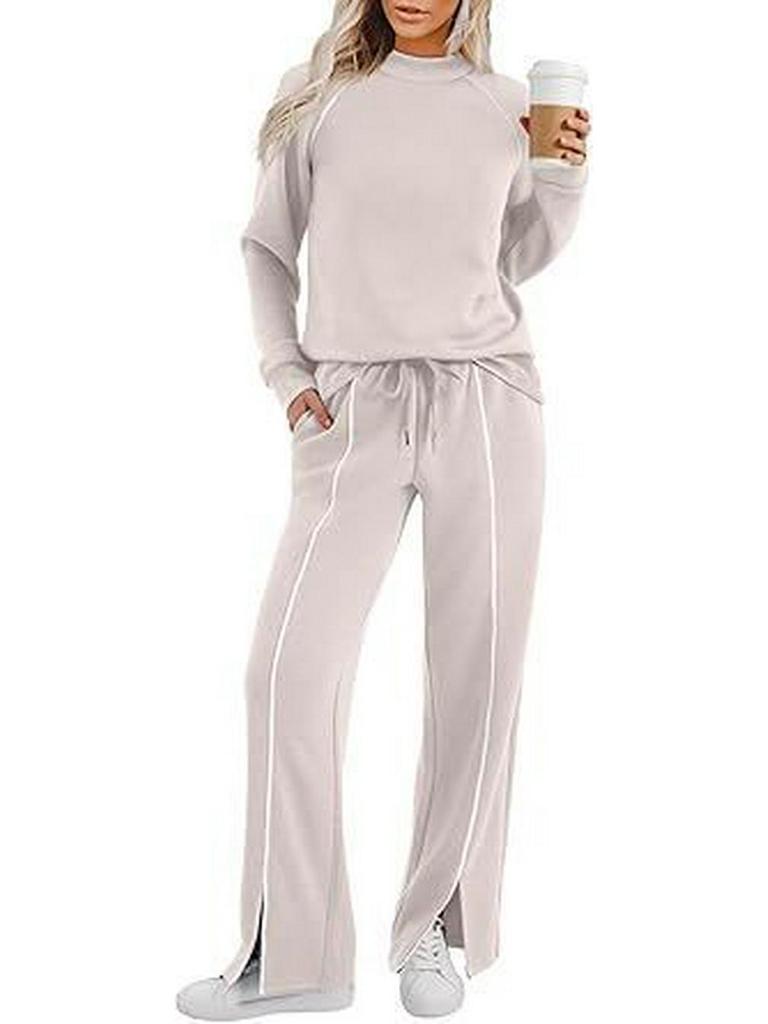 Женский комплект с круглым вырезом, длинными рукавами, эластичными брюками и свитшотом с разрезом