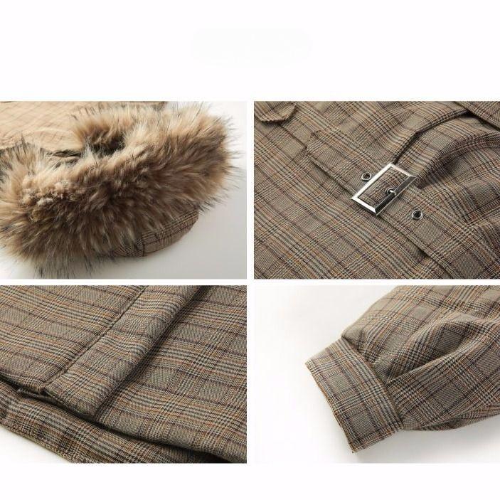 Зимнее женское пальто с большим меховым воротником, клетчатая хлопковая куртка, корейская свободная студенческая утепленная парка, толстая теплая