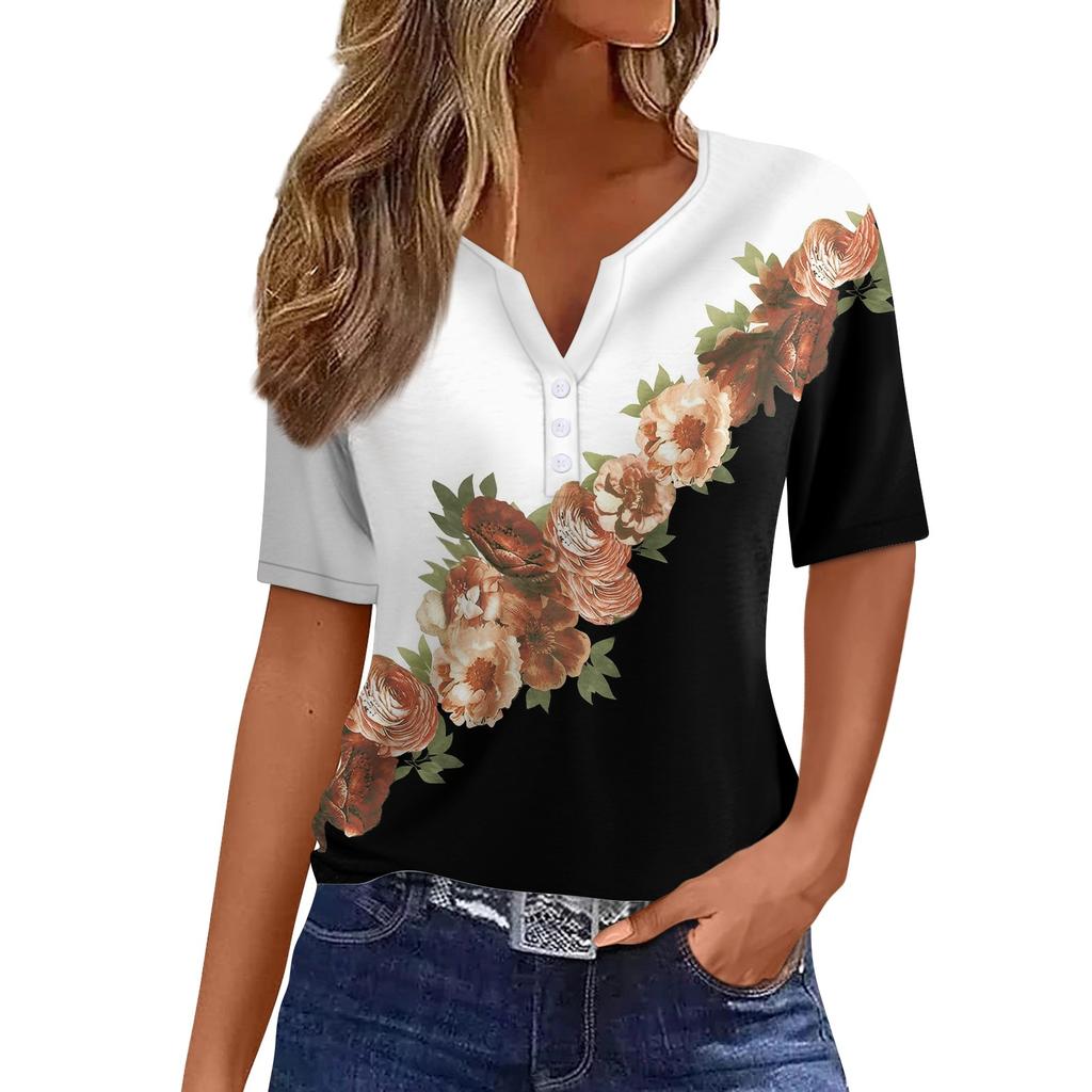 Women's T Shirt Tee Print Button Short Sleeve Daily Weekend Fashion Basic V- Neck Regular Top