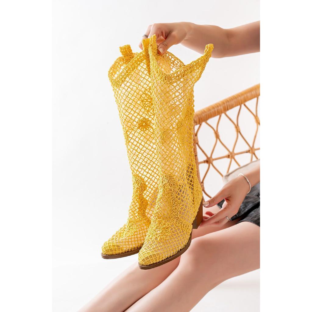 Длинные летние сапоги в стиле вестерн из белой кружевной ткани в ковбойском стиле