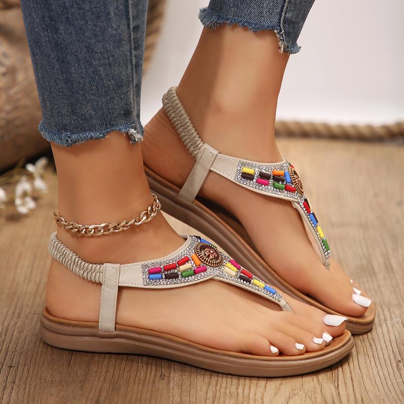 2024 Летние сандалии-гладиаторы с зажимом на носке, женские винтажные босоножки на плоской подошве в стиле бохо, женские, большого размера 43, нескользящие пляжные шлепанцы