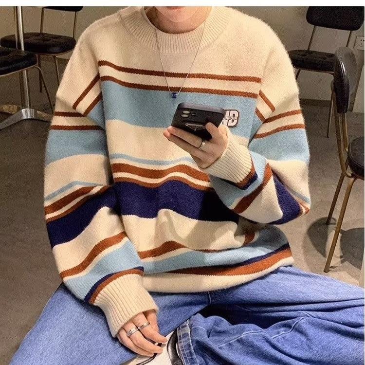 Мужской свободный полосатый свитер с круглым вырезом, осенний вязаный пуловер большого размера, зимний теплый трикотаж