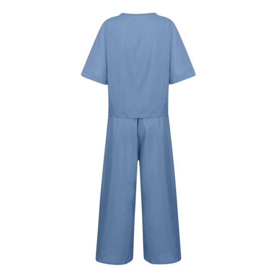 Women Top Pants Set Round Neck Solid Color Short Sleeves T-shirt Adjustable Waist Wide