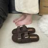 2025 осень новый ремень с пряжкой толстая подошва пушистые тапочки женские теплые корейская версия одно слово ленивые хлопковые тапочки тренд