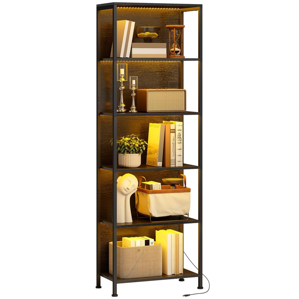 Bookshelf with 5 Levels, Standing Shelf with LED Lighting, 7 Light Colors, for Living Room, 60 x 30 x 179 cm Black