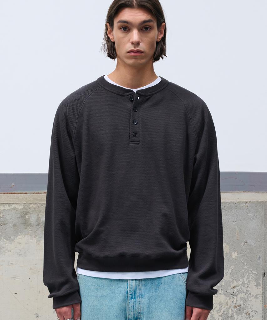 DOFFJASON Thermal Waffle Henley Neck Black