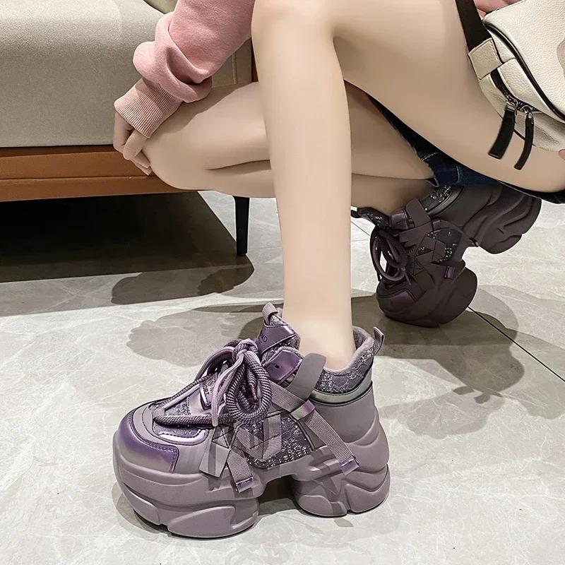 Модная зимняя женская массивная теплая меховая обувь 8 см высокая платформа спортивная обувь для папы женская блестящая кожаная повседневная зимняя обувь Zapatillas Mujer