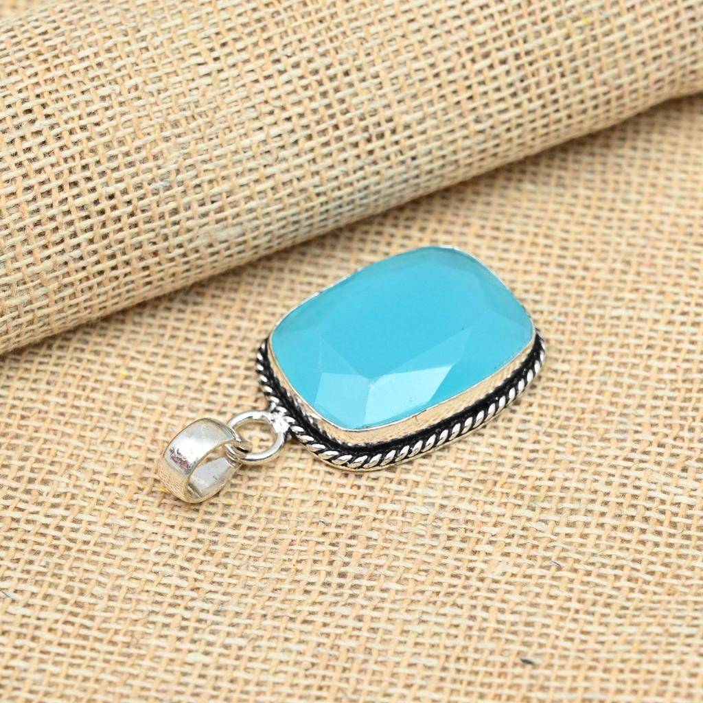 Стерлингового серебра 925 пробы Синий халцедон Драгоценный камень Ювелирные изделия ручной работы Изысканный кулон