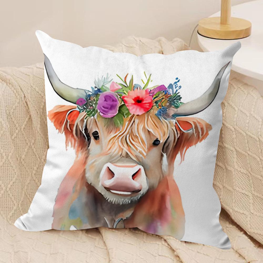 Highland cow and flower Cushion Cover Soft Plush Fabric DoubleSided Printed Cushion Covers for All Seasons Home Decor