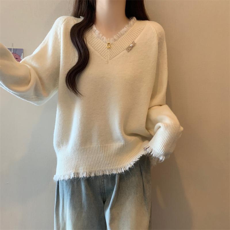 Fashion Sweet Tassel V-neck Red Pullover Sweater Women Autumn and Winter New Thick Warm Knitted Sweaters Women Elegant Solid Casual Jumpers Tops 25841