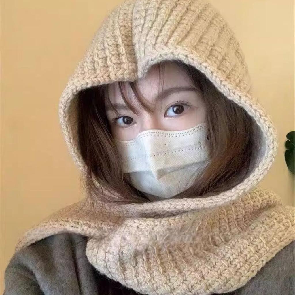 Autumn Winter Knitted Hat with Integrated Scarf Hooded Wool Cap Warm Ear Protection Shawl