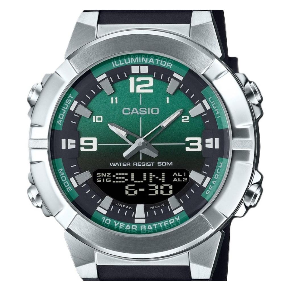 Casio Аналоговые цифровые комбинированные кварцевые часы с ремешком из смолы и зеленым циферблатом AMW-870A-3AV для мужчин