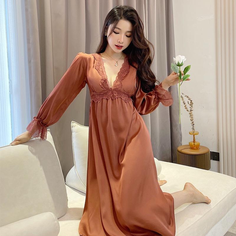 Court pure desire wind ice silk nightdress summer new long-sleeved thin v-neck French loungewear silk sexy